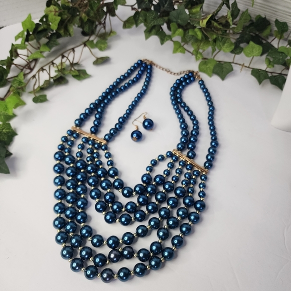 Blue Multi Strand Faux Pearl Necklace and Earrings Set - Picture 3 of 9